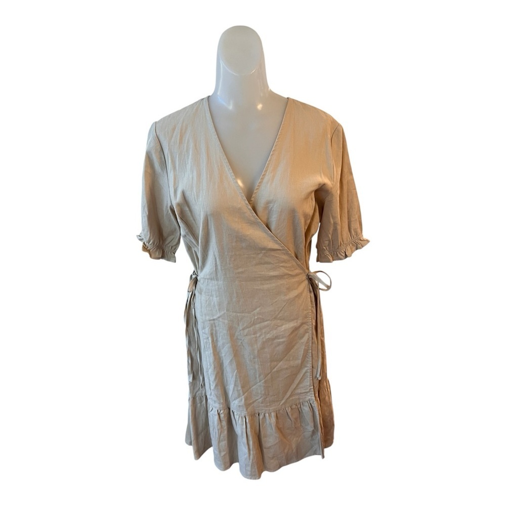 Orsay Beige Linen Wrap Dress with Ruffle Hem size 8